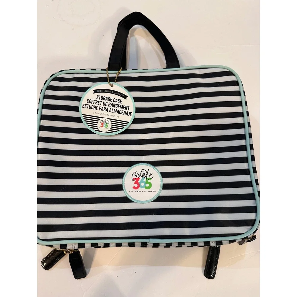 The Happy Planner Create 365 Storage Case Striped 3 Piece Set Black White Mint